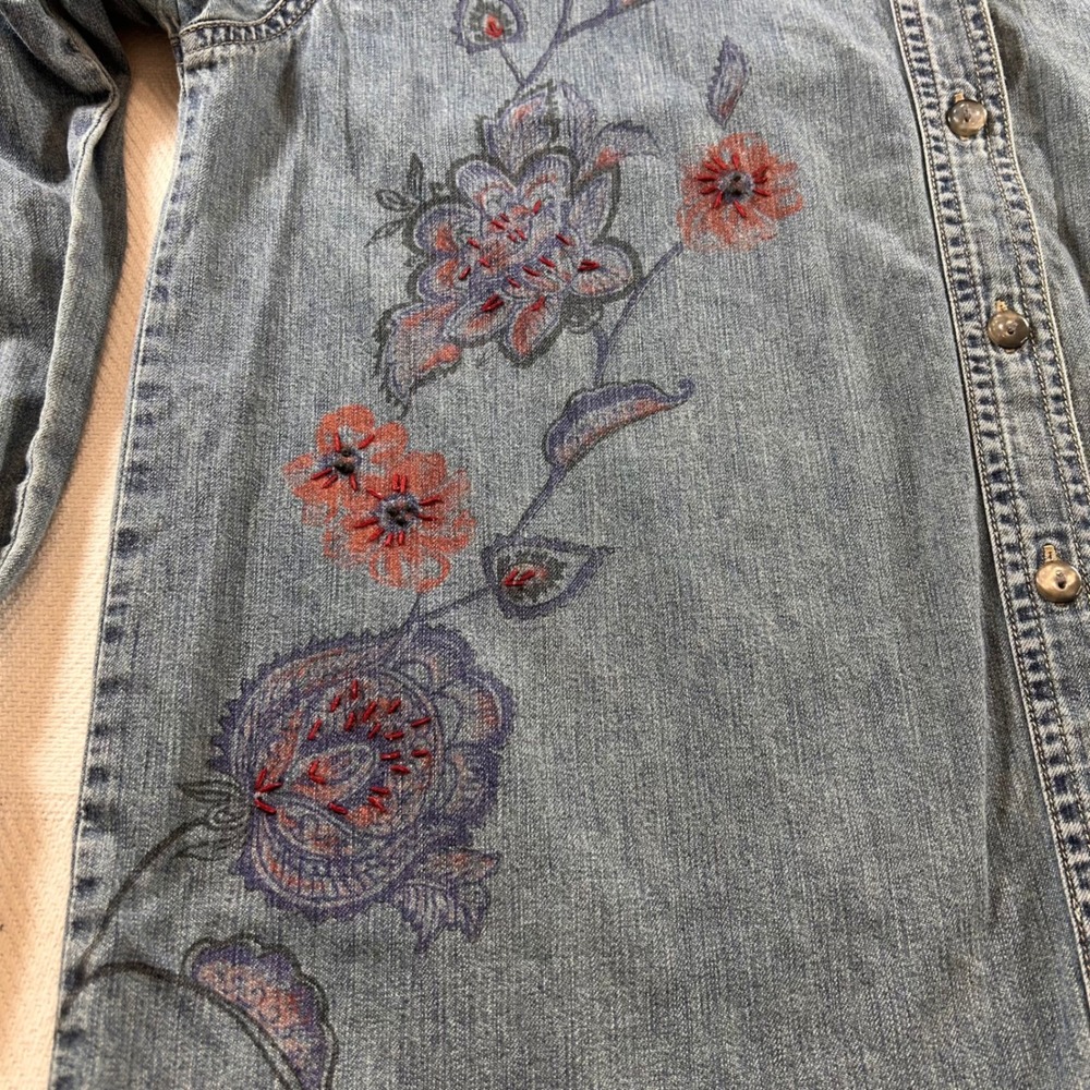 Out of the Blue J Jill Denim Oversized‎ Shirt Womens XS Floral Embroidered Boho - Picture 2 of 5